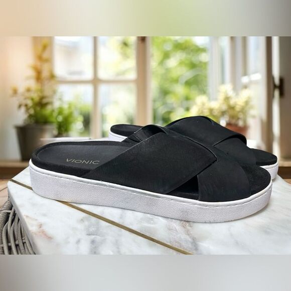 VIONIC Splendid Lou Black Leather Suede Slide Sandals Size 8 EU 39 - Picture 6 of 12